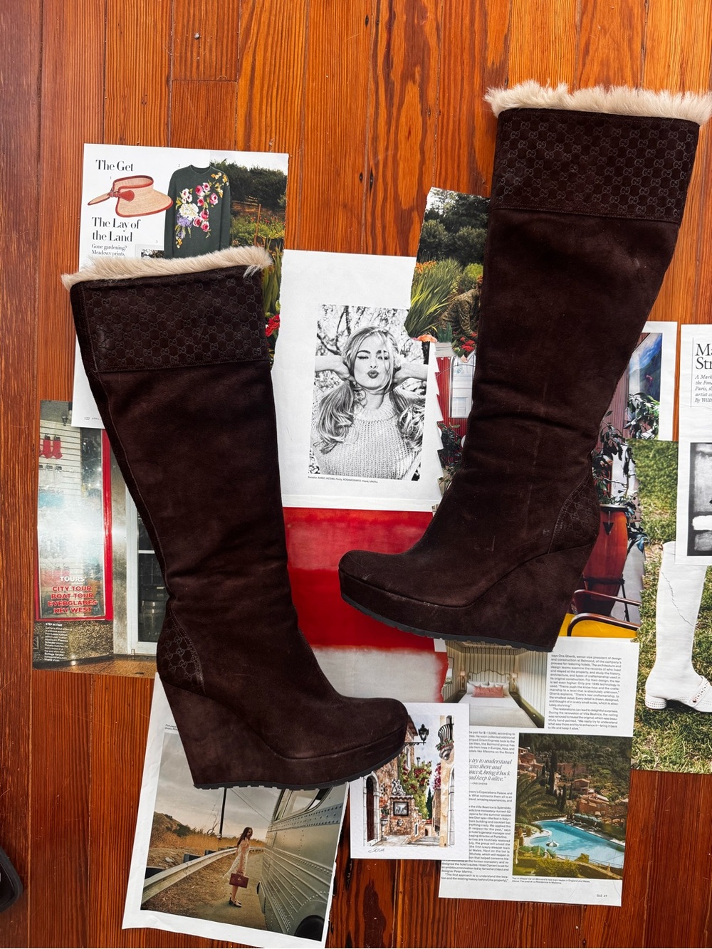 Gucci Brown Suede Wedge Knee-High Boots with Faux Fur Trim